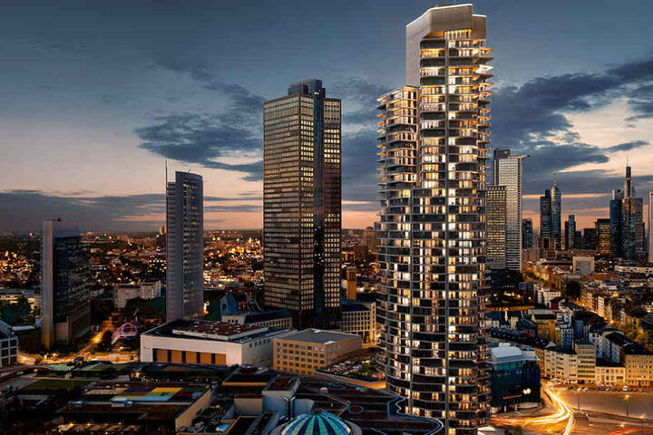 Die Visualisierung zeigt den geplanten Wohnturm "Grand Tower" (vorn) in Frankfurt am Main, der mit 172 Metern Deutschlands größter Wohnturm werden soll.