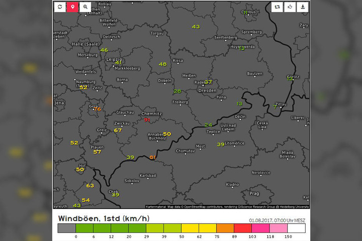 Hier ein Screenshot von Dienstagmorgen. Windböen Sachsen um 7 Uhr. Windböen 6 Uhr: 17 km/h, 6.40 Uhr: 91 km/h