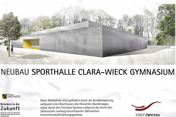 So soll die neue Sporthalle des Clara-Wieck-Gymnasiums aussehen. Baustart ist
im Juni. Gesamtkosten: 3,9 Millionen Euro.