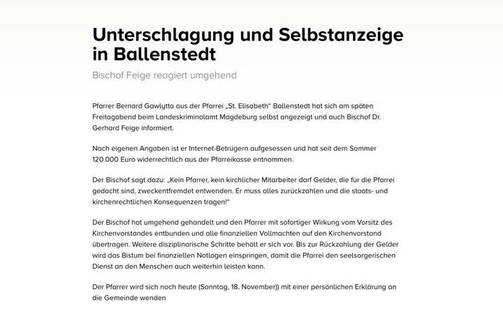 Diese Mitteilung stellte das Bistum Magdeburg am Sonntag ins Netz.