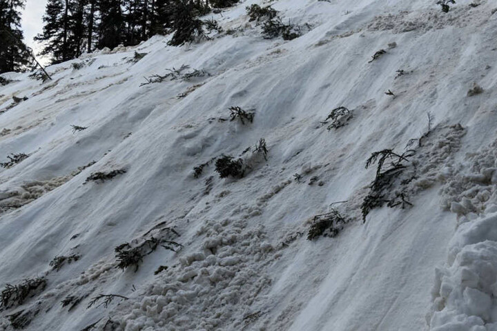 Ein Abhang im Ortsteil Ammerwald ist nach einer Lawine mit Schnee beschüttet. Bei dem Lawinenabgang unweit der deutsch-österreichischen Grenze ist eine Person ist gestorben.