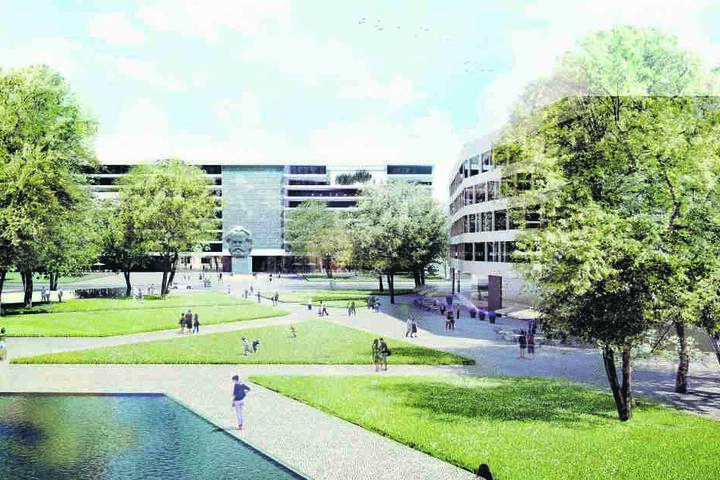 Der Sieger-Entwurf von 2015: So stellen sich Architekten den Stadthallenpark
vor. Rechts ein Gebäude mit Gastronomie und Geschäften.