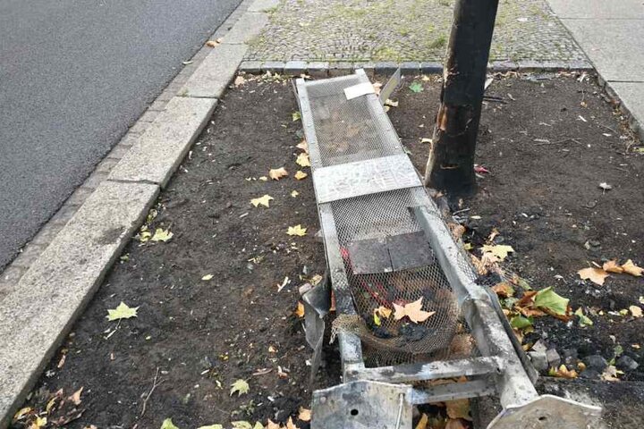 Die demolierte Gedenktafel liegt noch immer neben dem verkohlten Baum.
