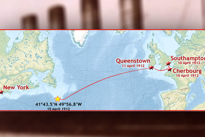 Die ursprüngliche Route der RMS Titanic im Jahr 1912.
