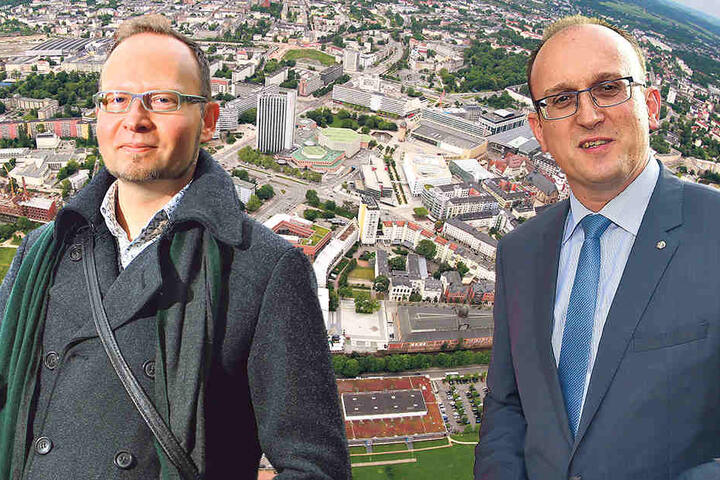 Stadtrat Andreas Wolf-Kather
(41, Vosi/Piraten, li.) kritisiert
das Parkraumkonzept. Jörg Vieweg (46,
SPD) verteidigt
kostenfreie Parkplätze
für die
Parlamentarier.