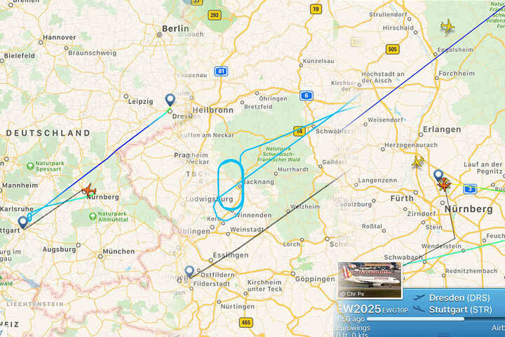 Die Maschine kreiste erst 20 Minuten über dem Nebel von Stuttgart, ehe sie in Nürnberg landete.