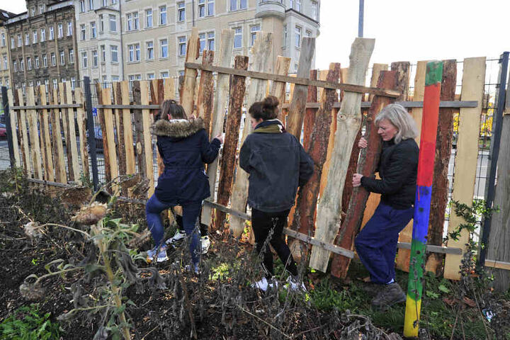 Gemensam mit Kindern eines Jugendclubs baut Pötzsch (r.) einen Zaun am Garten auf.