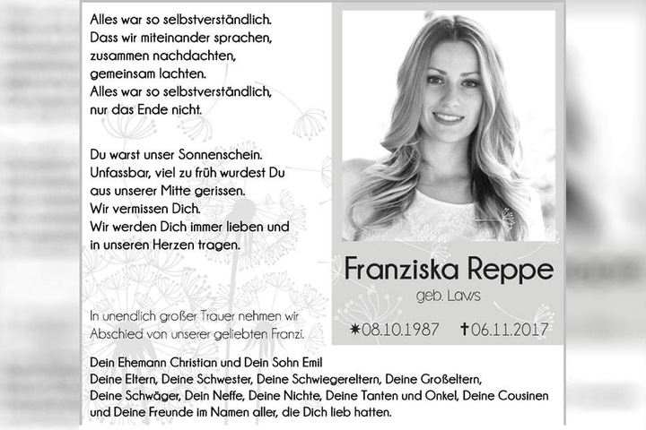 Mit dieser Traueranzeige nimmt Franziska Reppes Familie Abschied von der Sängerin.