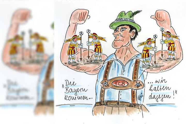 Emsige Paderborner machen sich auf den Muskeln eines bayerischen Muskelprotzes zu schaffen.