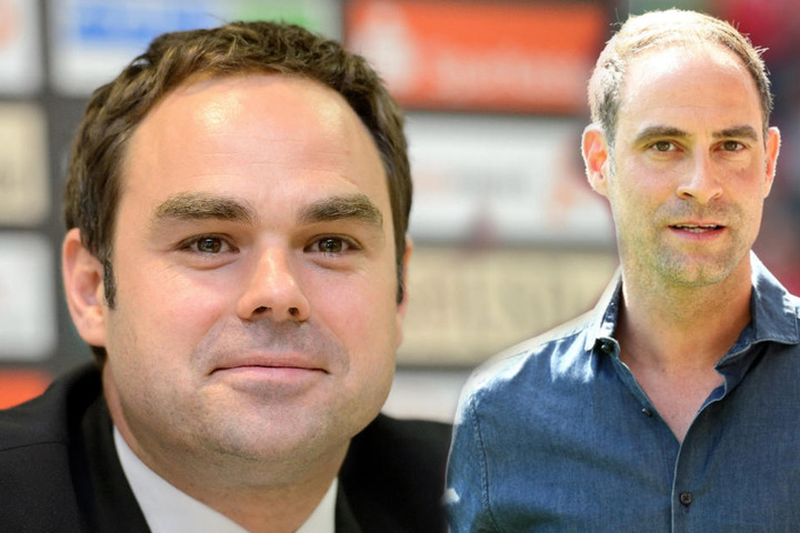 Nach der Stichelei soll sich Leipzigs Boss Oliver Mintzlaff (r.) bei seinem Gegenüber Robert Schäfer (l.) beschwert haben.
