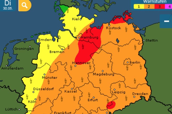 Am Dienstag gelten in ganz Deutschland verschieden hohe Warnstufen.