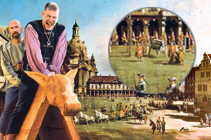 Unter Schmerzen setzten sich Mario Sempf (48, vorn) und Thomas Zahn (49) auf den selbst gezimmerten Schandesel. Auf dem Canaletto-Gemälde „Der Neumarkt zu Dresden vom Jüdenhof aus“ ist der Schandesel vor der Hauptwache zu sehen.