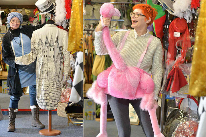 Links: Andrea Wiener zeigt einen handbemalten Frack samt Zylinder. Rechts: a Wiener zeigt eines ihrer Schmuckstücke: Einen handbemalten Frack samt Zylinder. "Hutball"-Juror Ulf Neuhaus leiht ihn sich gern aus.Think Pink: Im Flamingo-Kostüm (Ausleihgebühr