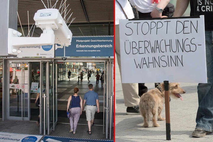 Auf einer Kundgebung zum Start der Gesichtserkennung protestierten Gegner mit Transparenten und Plakaten.