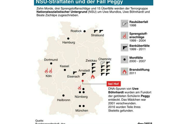 Karte zu Tatorten des NSU-Terrortrios und wichtiger Orte im Fall Peggy.