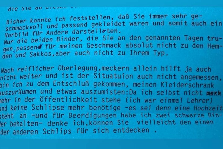 Diesen Brief legte der modebewusste Zuschauer seiner ungewöhnlichen Sendung bei.