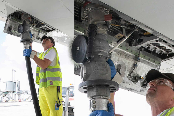 Einmal auftanken, bitte: Flugzeug-Tankwart Ralf Scheibler (44) fährt mit einem 30 000-Liter-Tanker vor, setzt den Schlauch in den Stutzen unterhalb der Tragfläche an.