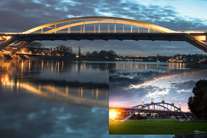 So in etwa könnte das Ganze am Ende aussehen (kl Bild re.): Student Georg Böhme (21) will der Waldschlösschenbrücke mit der Schwibbogen-Idee zu einem besseren Image verhelfen.