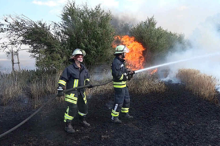 Durch den Wind änderte sich mehrfach die Richtung der Flammen, die Feuerwehrleute drohten von dem Flammenmeer eingekreist zu werden.