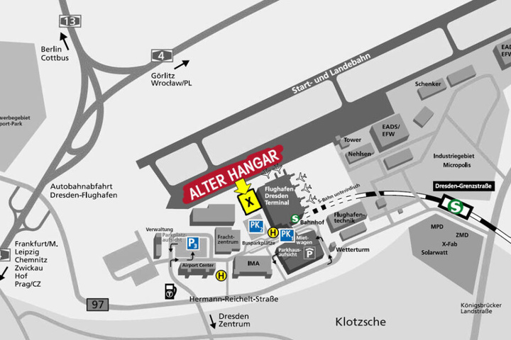 Hier befindet sich der alte Hangar, direkt am Dresdner Airport.