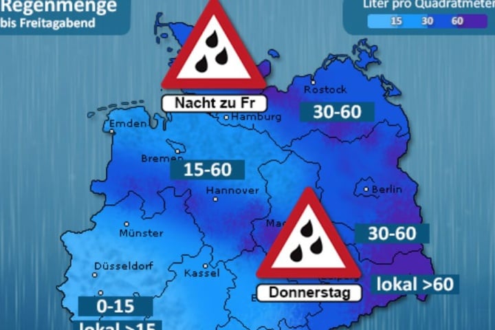 Der Schwerpunkt des Regengebietes (mit Wassermengen über 60 Litern je Quadratmeter) liegt in Ostsachsen.