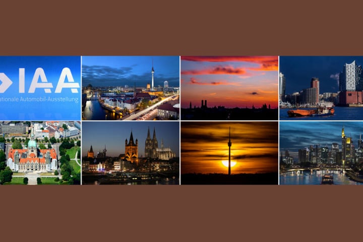 Berlin, München, Hamburg, Hannover, Köln, Stuttgart und Frankfurt am Main (v.o.l.b.u.r): Welche der sieben Messe-Städte gewinnt das Rennen um die IAA?