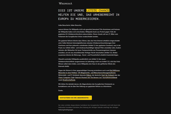 Protest gegen EU-Urheberrechtsreform: Für 24 Stunden sind die Einträge von Wikipedia nicht einsehbar.