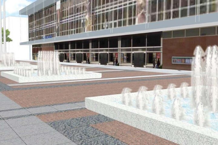 Drei beleuchtete Brunnen sollen künftig den Vorplatz beleben.