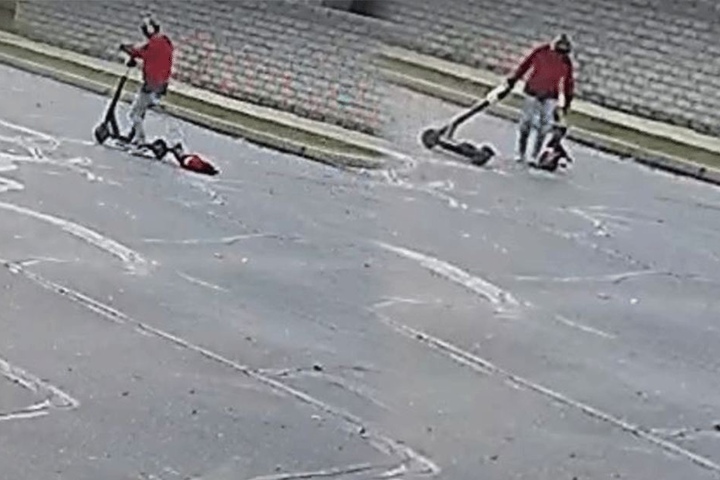 Nicht wirklich liebevoll hebt die Frau den Hund hoch, nachdem sie stehengeblieben ist.