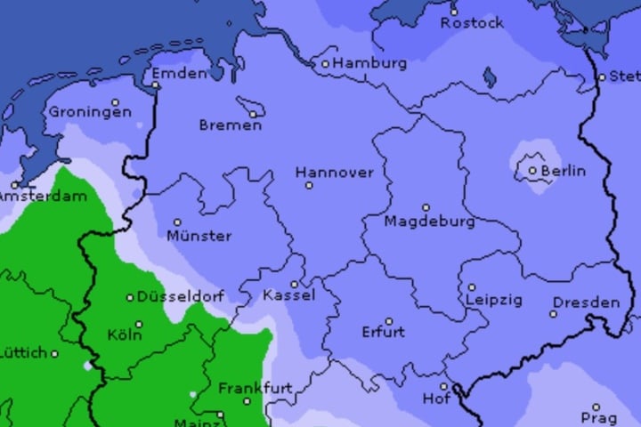 Die Niederschlagswahrscheinlichkeit am Wochenende (hier Sonntag) ist sehr hoch (blau).