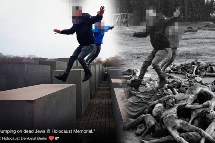 Die Jungs hinterließen den völlig gedankenlosen Kommentar "Auf toten Juden rumspringen". Nach der Foto-Montage wird ihnen wohl klar, was die Worte bedeuten.
