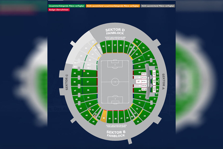Auf diesem Bild kann man die bisherigen Ticketverkäufe gut nachvollziehen: Für alle grün unterlegten Blöcke gibt es noch ausreichend Tickets.