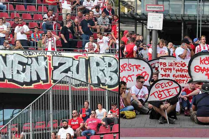 Köln-Fans blockierten die Einfahrt ins Stadion (r.). Es kam zu Verzögerungen, das Spiel musste später angepfiffen werden. Auch im Stadion gab es Plakate gegen RB Leipzig.
