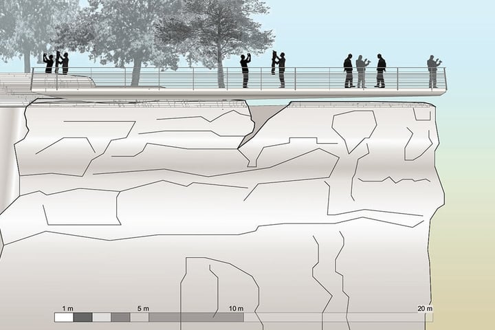 Der geplante Schwebe-Steg ist 20 Meter lang: Knapp acht Meter schweben bis zu 60 Zentimeter über dem porösen Bastei-Felsen. Visualisierung: Staatsbetrieb Sächsisches Immobilien- und Baumanagement.