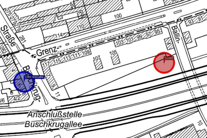 Diese Karte zeigt den Fundort (roter Kreis) der Leiche und den s-Bahnhof Grenzallee (blau), wo sich das Opfer sehr oft aufgehalten hat.