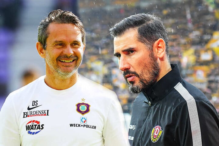Während die Laune beim FC Erzgebirge Aue und Trainer Dirk Schuster (l.) gut ist, ist die Stimmung bei Dynamo Dresden und Coach Cristian Fiel schlecht.
