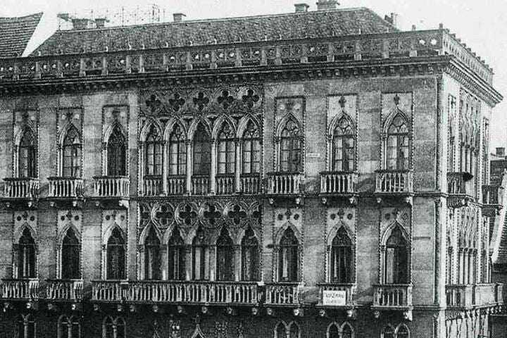 Das „Venezianische Haus“ entstand um 1845 nahe der heutigen Carolabrücke. 1945 zerstört.