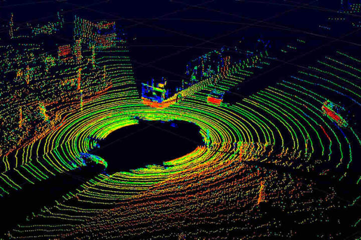 Sieht aus wie ein Kolosseum bei Nacht, ist aber ein 3D-Modell der Sensorerfassung für autonomes Fahren.