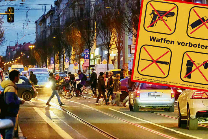 Die etwa zwei Kilometer lange Eisenbahnstraße gilt als kriminellste Magistrale Sachsens. Ab Montag ist hier das Mitführen von Waffen und scharfkantigen Werkzeugen verboten.