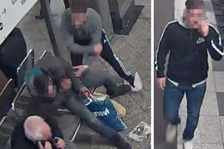 Unbehelligt schulgen und traten sie auf den alkoholisierten Obdachlosen am U-Bahnhof Mehringdamm ein.