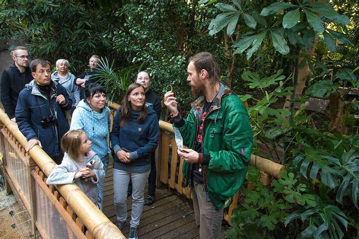 Erklärbär im Tropenhaus: Zoopädagoge Jan Klösters (35, r.) zeigt den Morgenführungsteilnehmern Faultier-Nägel.