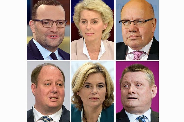 Die künftigen CDU-Mitglieder in einer Bundesregierung bei einer möglichen neuen Koalition mit der SPD: Jens Spahn (oberer Reihe, l-r), Ursula von der Leyen und Peter Altmaier. Helge Braun (mittlere Reihe, l-r), Julia Klöckner und Hermann Gröhe.