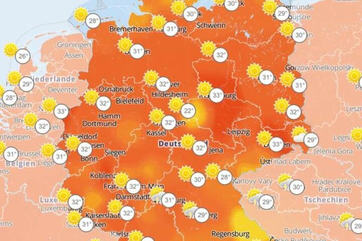 Deutschlandweit Temperaturwerte um 30 Grad.