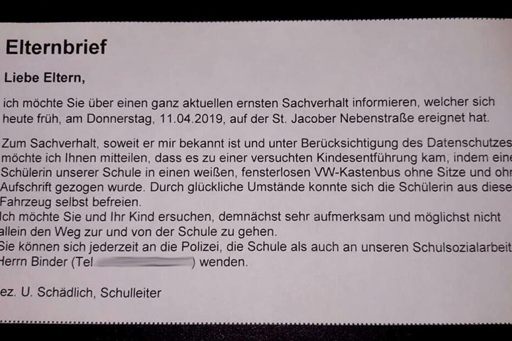 Der Elternbrief der Schule - Durch die Erfundene Entführung des Mädchens wurden viele Eltern beunruhigt.