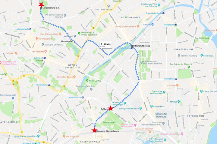 So könnte die Route der Demo zum "Revolutionären 1. Mai" möglicherweise verlaufen. Am U-Bahnhof Schlump könnte sie die Veranstaltung einer rechten Gruppierung aus Bayern kreuzen.
