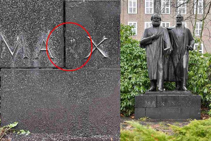 Seit Jahren fehlt dem Schriftzug des Marx-Engels-Denkmals im Park der Opfer des Faschismus ein R. Zwei Denker, ein Buchstabe fehlt: Die Linken mahnen eine Sanierung der Inschrift an.