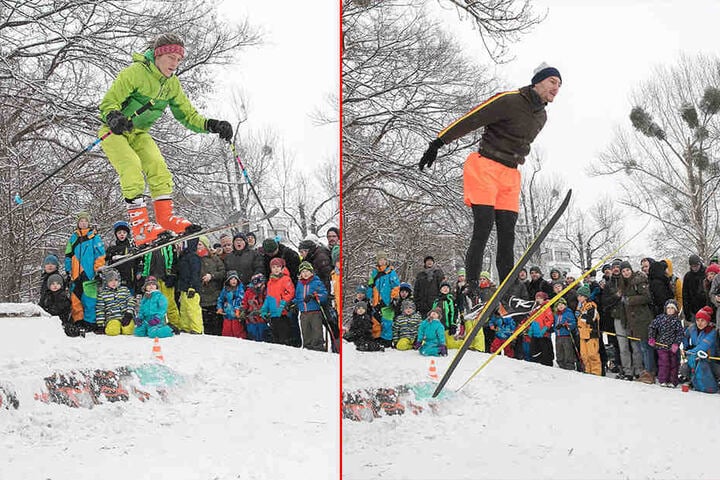Bestnoten für Haltung und Outfit: Die Skispringer im Alaunpark sorgten für
mächtig Spaß.