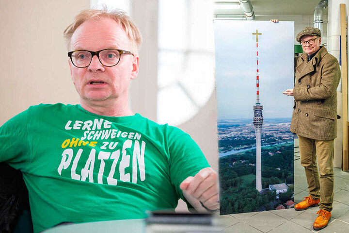 Ernst gemeint: Der Komiker Uwe Steimle (54, r.) will den Fernsehturm zum "Friedensturm" machen.