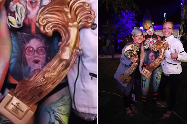 Silke Kirchhoff (li.) hat es unter 58 Künstlern auf den dritten Platz bei der Bodypainter-Weltmeisterschaft in Klagenfurt geschafft.
