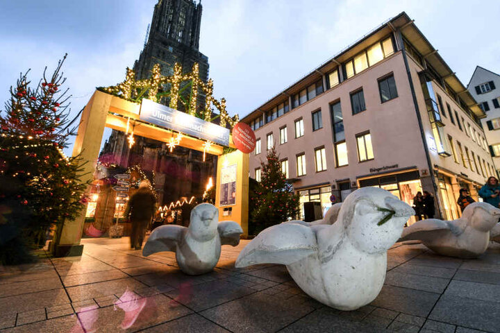 Vor dem Eingang zum Ulmer Weihnachtsmarkt stehen fünf Spatzen aus Beton als Sicherheitsbarriere.